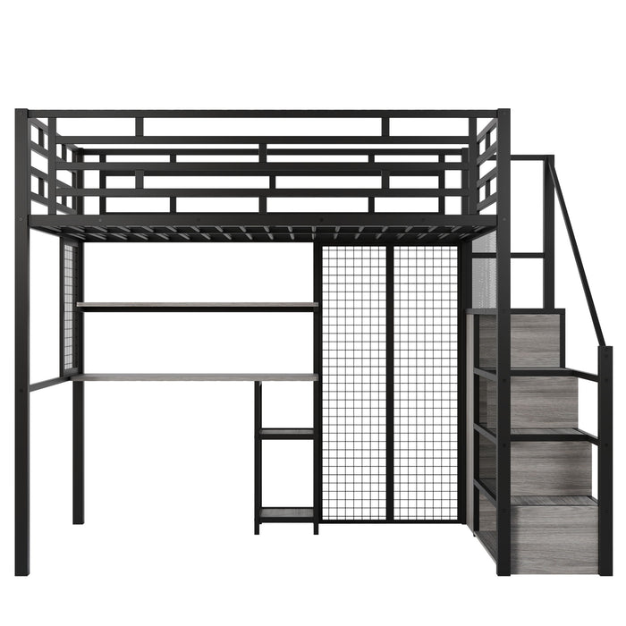Metal Loft Bed With Wardrobe, Desk, Storage Shelves