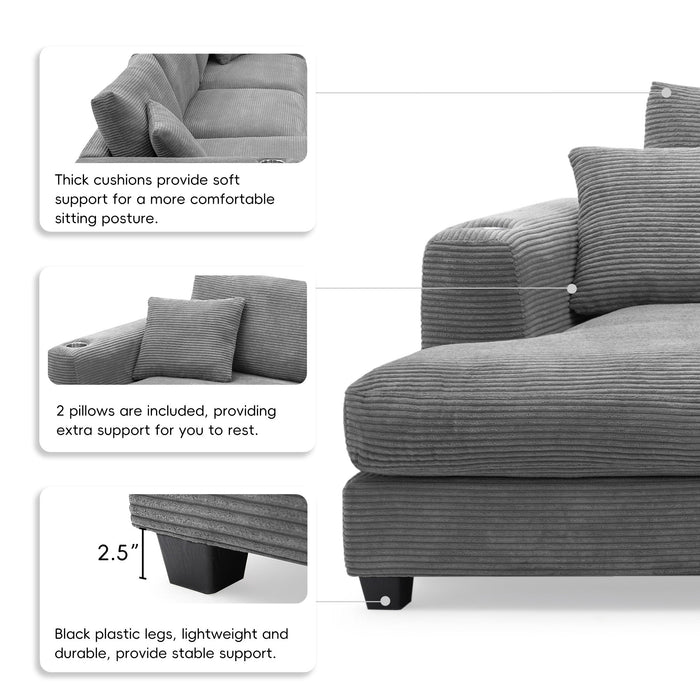 Oversized Sectional L Shaped Cloud Couch With USB Charging Port Cup Holder Deep And Wide Seat Sofa With Chaise Comfy