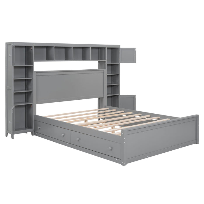 Queen Size Wooden Bed With All In One Cabinet, Shelf And Sockets, Gray