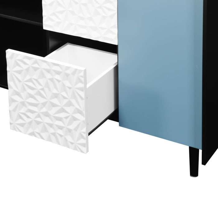 Modern Sideboard Buffet Cabinet With Red Doors And Unique Panel Styling