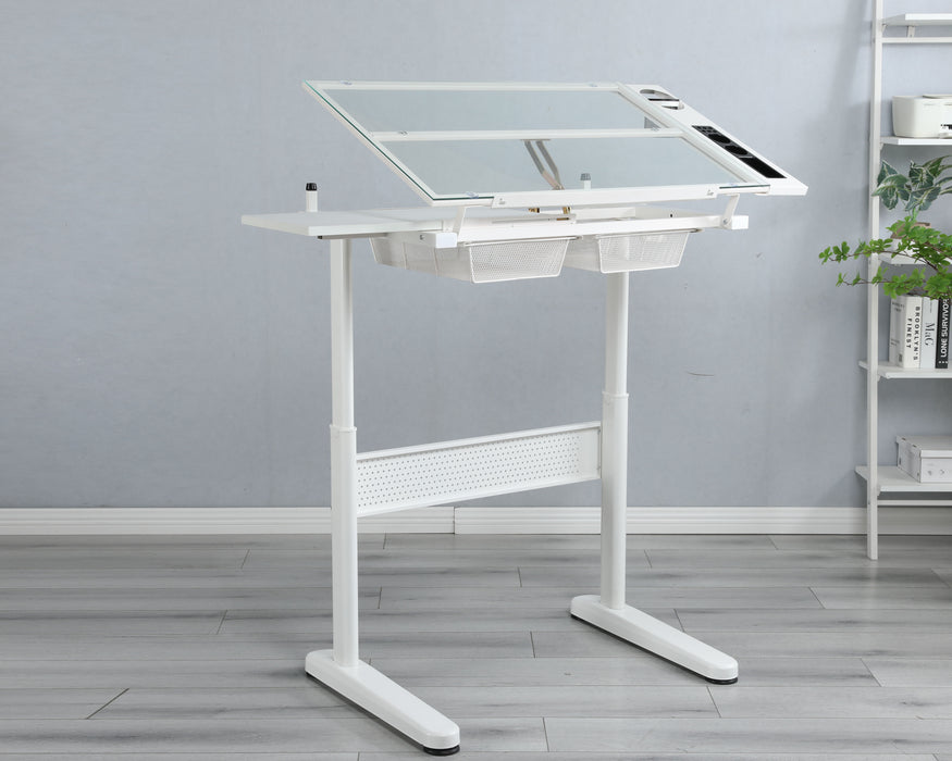 Hand Crank Adjustable Drafting Table Drawing Desk With 2 Metal Drawers (White)