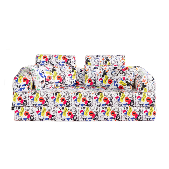Pop Graffiti Printed Convertible Sleeper Sofa Bed, Foldable Multi Functional Couch For Living Room - White