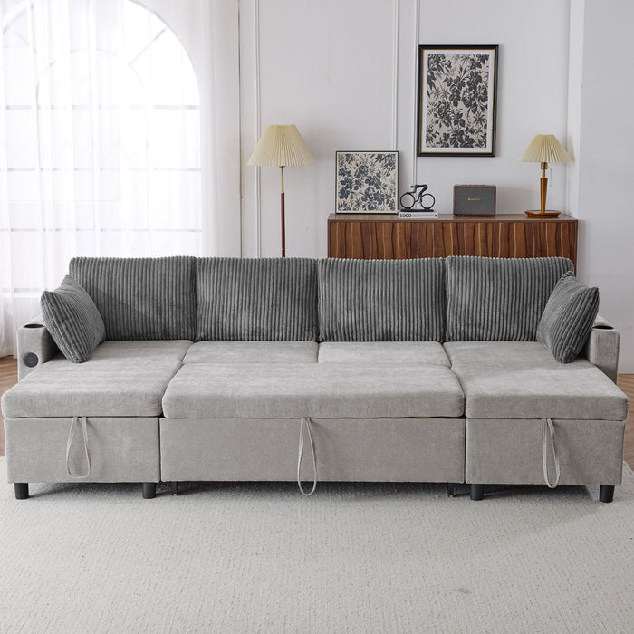 Sectional Sofa Bed With Pull Out Sleeper, USB Ports, Cup Holders