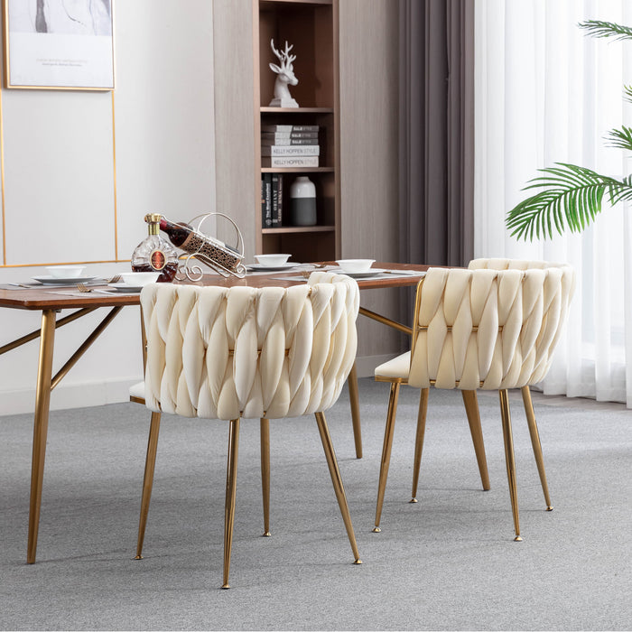 Modern Design Golden Metal Frame Velvet Fabric Dining Chair With Golden Legs, (Set of 2), Ivory