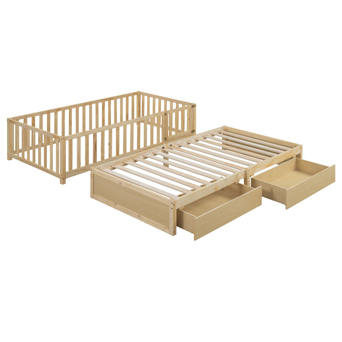 Daybed With Fence Guardrails And 2 Drawers, Split Into Independent Floor Bed & Daybed