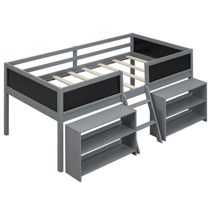 Low Loft Bed With Movable Shelves And Ladder, Decorative Chalkboard Guardrail