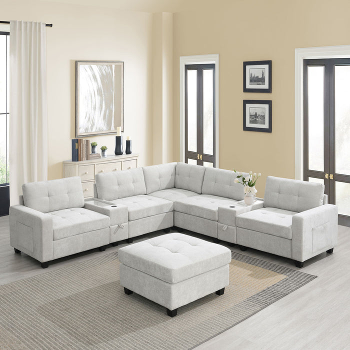 Sectional With Acrylic Table Top U Shaped Couch Set With 2 Consoles USB Charger, Storage Drawers And Pockets Movable Ottoman Tufted Sofa