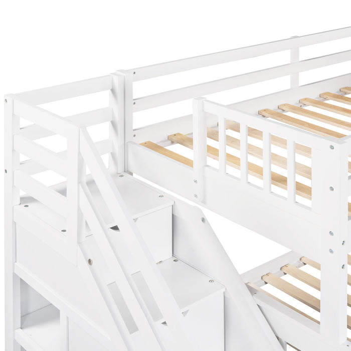 Solid L Shaped Bunk Bed With 3 Drawers, Ladder And Staircase