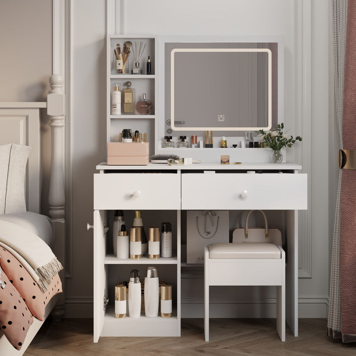 Fashion Vanity Desk With Mirror And Adjustable Lights, Makeup Table Set With 2 Drawers - White