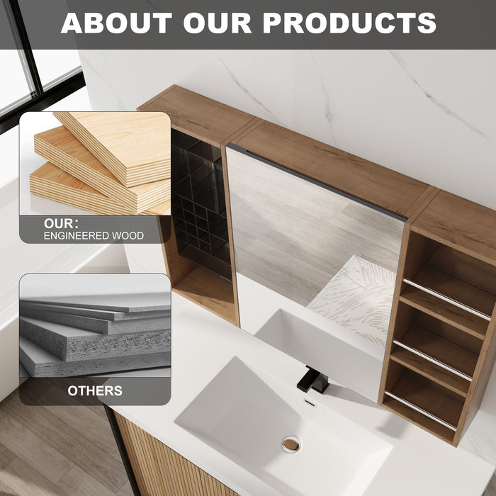 Wall Mounted Bathroom Mirror Cabinet With Adjustable Shelves Storage Cabinet - Imitative Oak