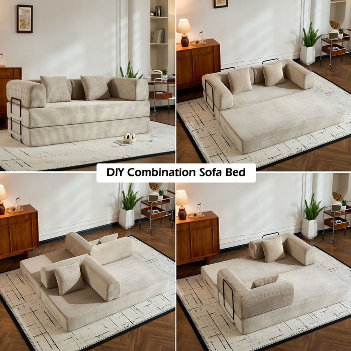 Convertible Sleeper Sofa Bed With Cylindrical Pillow, With Fixed Shape Frame