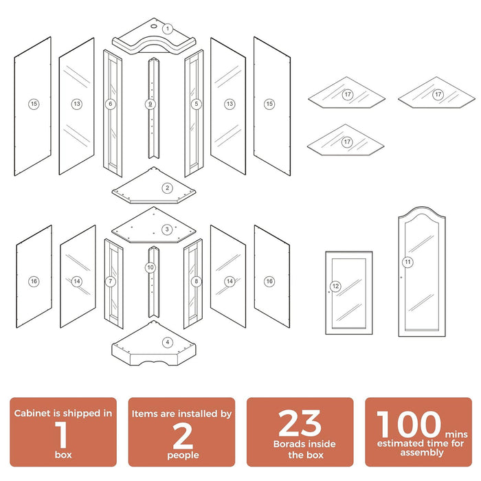 Corner Curio Cabinet With Lights, Adjustable Tempered Glass Shelves, Mirrored Back, Display Cabinet (E26 Light Bulb Not Included) - Walnut