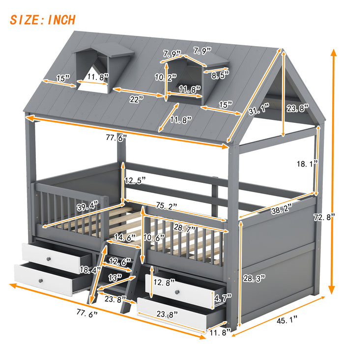 Twin Size Wood Bed House Bed Frame, Gray