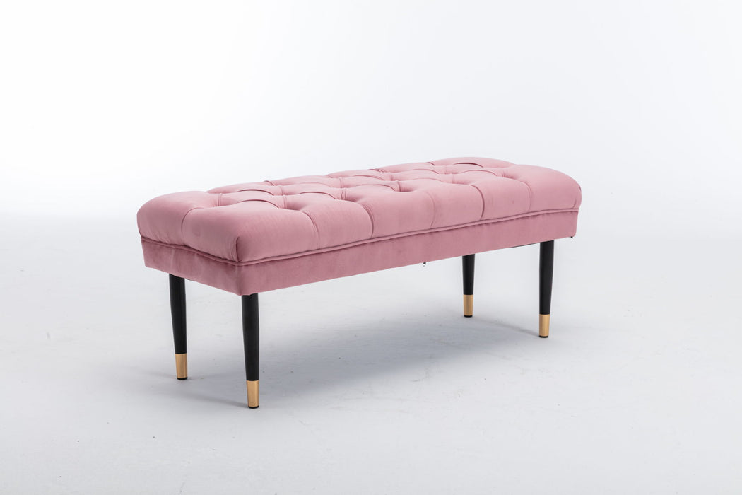 Tufted Bench Modern Velvet Button Upholstered Ottoman Enches Bedroom Rectangle Fabric Footstool With Metal Legs For Living Room Entryway, Pink