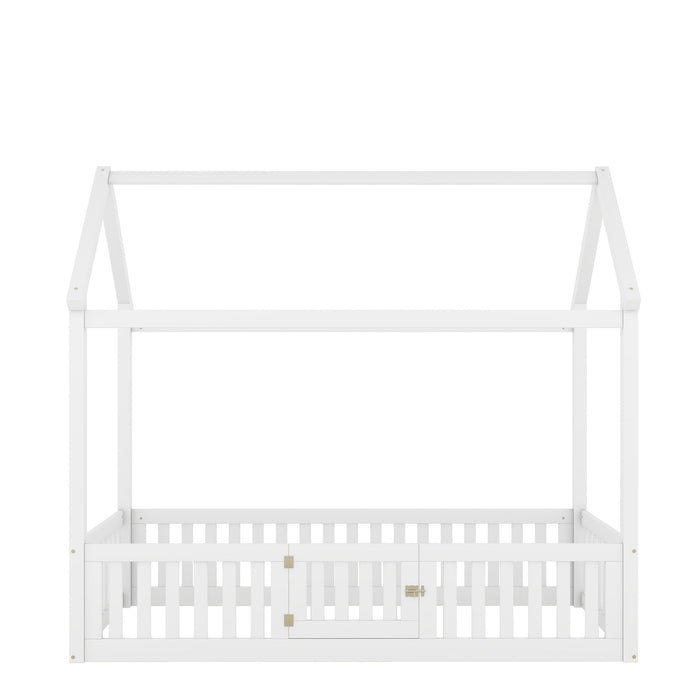 Wood House Bed With Fence And Door