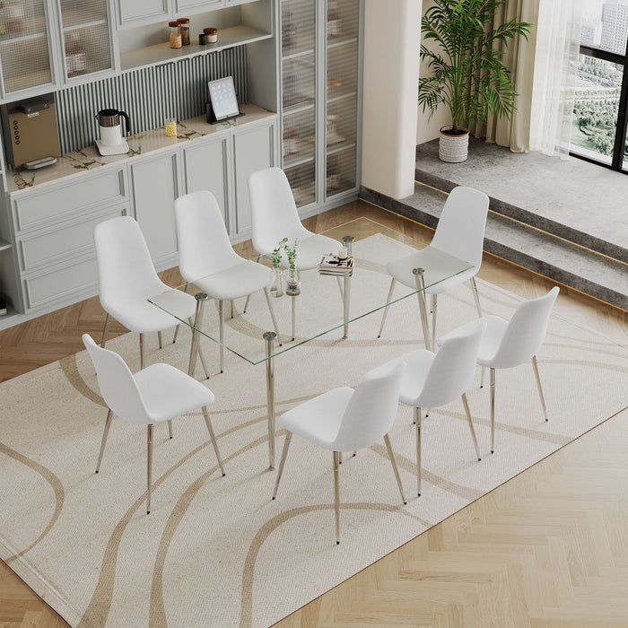 Dining Table (Set of 9) Tempered Glass Top Dining Table, Metal Legs And Eight Fabric Dining Chairs - Silver