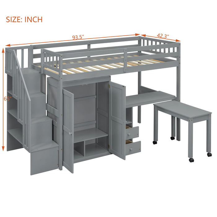 Loft Bed With Stairs, Bookshelf, Drawers, Desk & Wardrobe, Space Saving Multifunctional Furniture