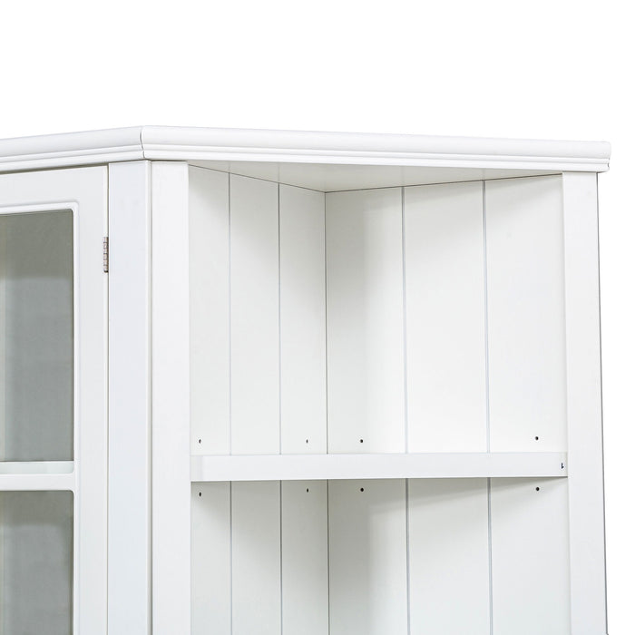 Retro Style Wall Suit With Glass Doors, 75.25" Tall Display Cabinets & Triangle Sided Bookshelves - White