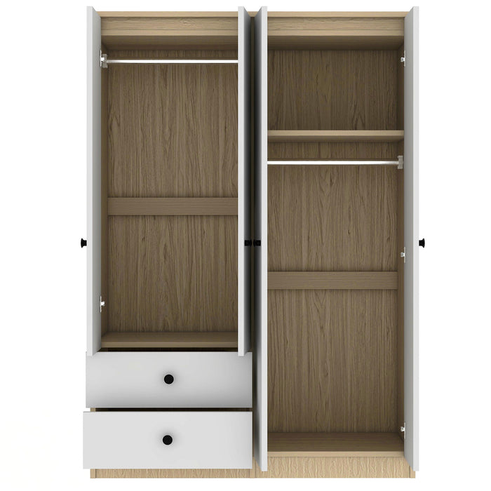 4 Door Wardrobe Closet With Drawers, Shelf, And Hanging Rod - White / Natural