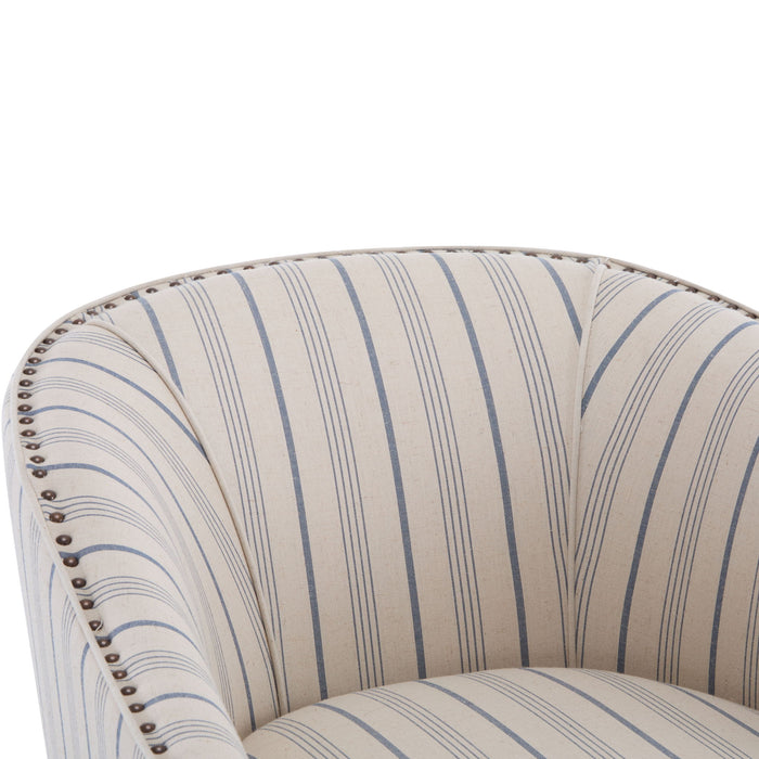 Transitional Upholstered Stripe Barrel Chair With Birch Wood Legs And Plush Cushioned Seat - Beige / Blue Stripe