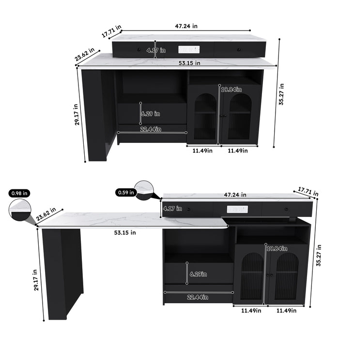 Retro Kitchen Island Set With Chairs, Extendable & Rotating Table, 4 Drawers & Door Cabinets