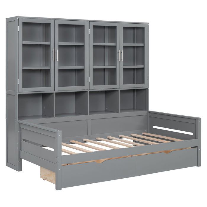 Daybed With Glass Door Storage Cabinets, Built In LED Lighting And Shelves