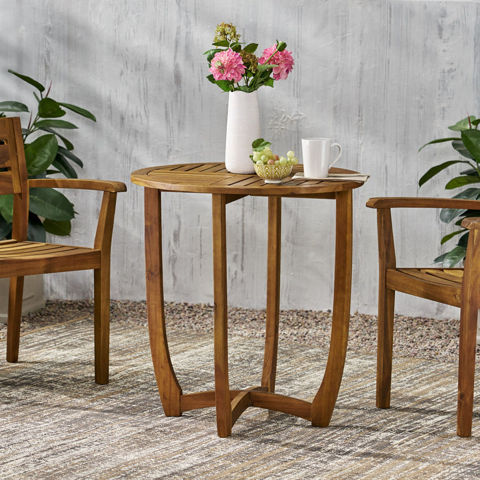 Outdoor Circular Wood Bistro Table With Curved Legs And Slat Panel Table Top - Teak