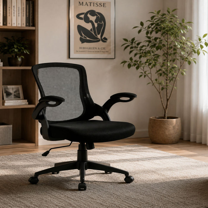 Office Chair & Mid Back Design, Adjustable Height And Foldable Armrests - Black