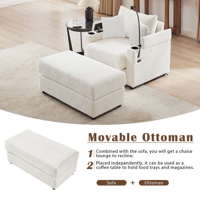 Single Sofa Couch With Storage Space, Movable Ottoman, USB Ports, Cup Holders, Phone Holder