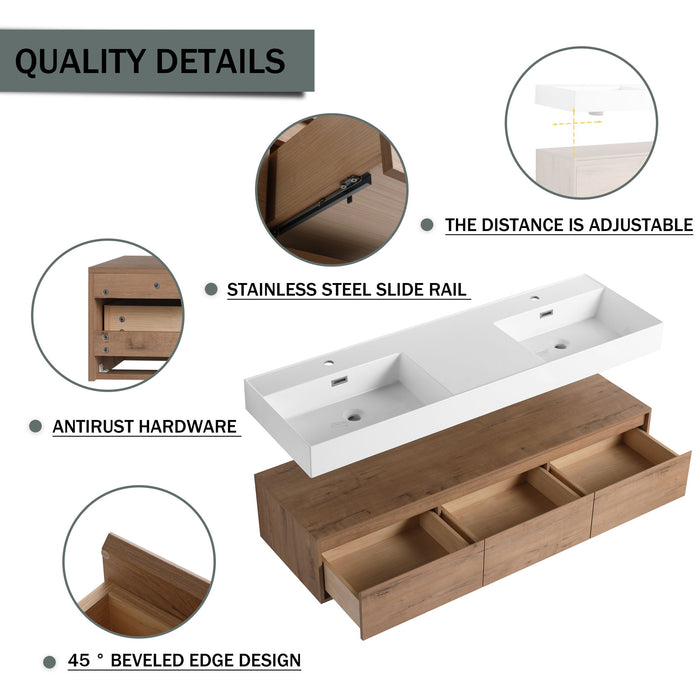 Contemporary Wall Mounted Bathroom Vanity With Dual Resin Sink And Soft Close Drawer