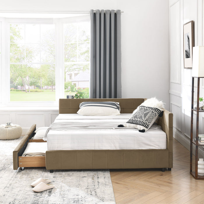 Mid-Century Storage Upholstered Tufted Bed Frame With Backrest And Armrests