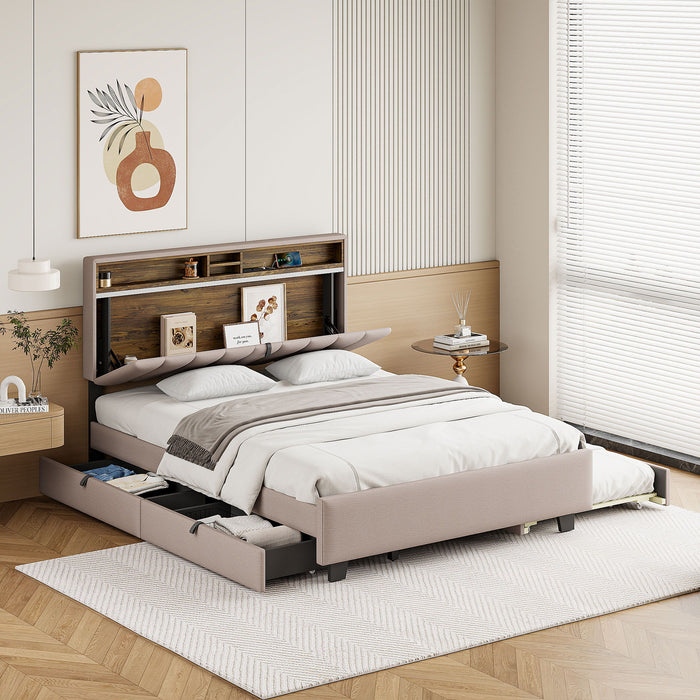 Upholstered Platform Bed With Storage Headboard, Trundle & 2 Drawers And A Set Of Sockets & USB Ports