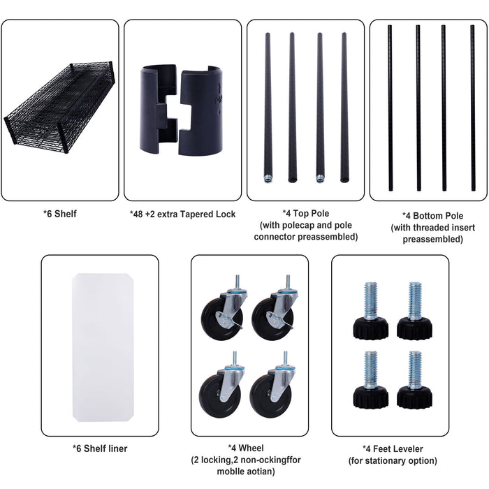 6 Tier 6000Lbs Capacity Nsf Metal Shelf Wire Shelving Unit, Heavy Duty Adjustable Storage Rack With Wheels & Shelf Liners For Commercial Grade Utility Steel Storage Rack