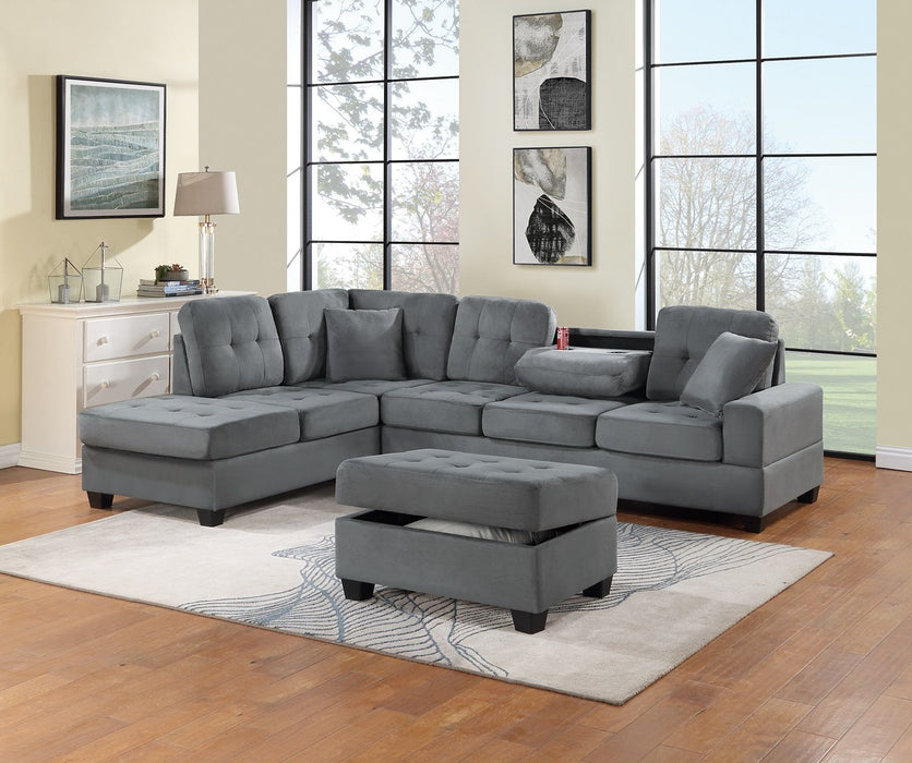 Dark Gray Plush Microfiber Living Room Furniture 3 - Pieces Reversible Sectional Sofa Set Sofa Width Cup Holder Reversible Chaise And Storage Ottoman