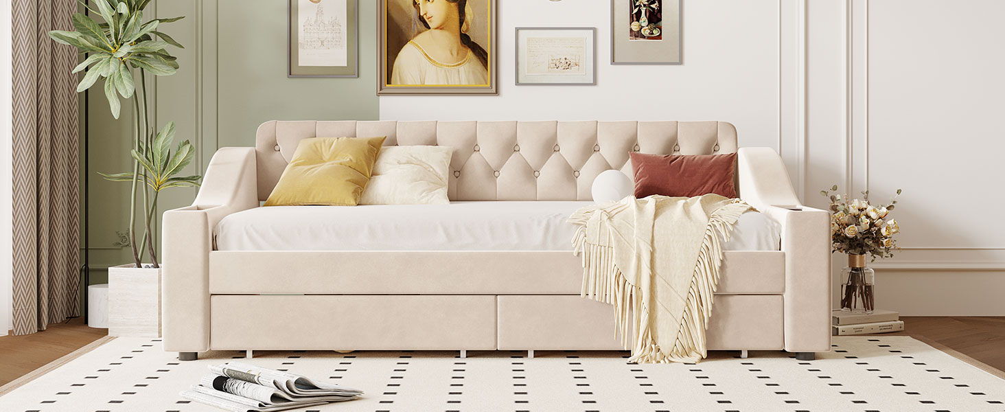 Upholstered Daybed With Storage Armrests And USB Port