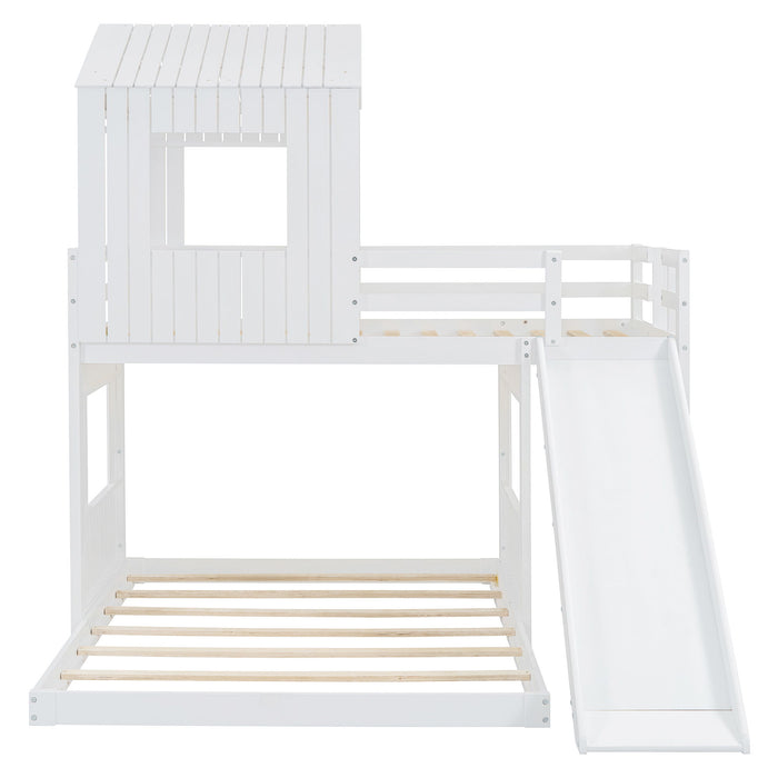 Loft Bunk Bed With Playhouse, Farmhouse, Ladder, Slide And Guardrails
