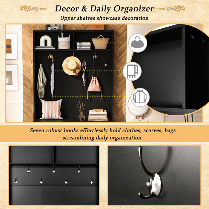 Entryway Bench With Coat Rack, 3 In 1 Design And Adjustable Shelves