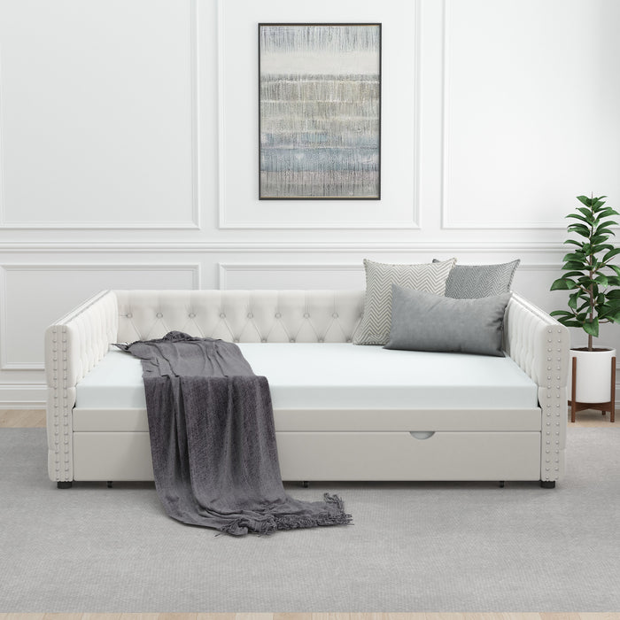 Daybed With Trundle Velvet Upholstered Tufted Sofa Bed, With Button And Copper Nail Onsquare Arms, Full Daybed & Twin Trundle For Bedroom, Living Room, Guest Room - Beige