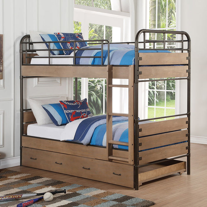 Adams - Twin Over Twin Bunk Bed With Trundle - Antique Oak & Gunmetal