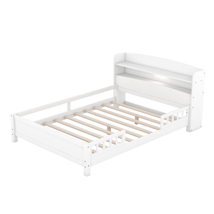 Wood Platform Bed With Built In LED Light, Storage Headboard And Guardrail