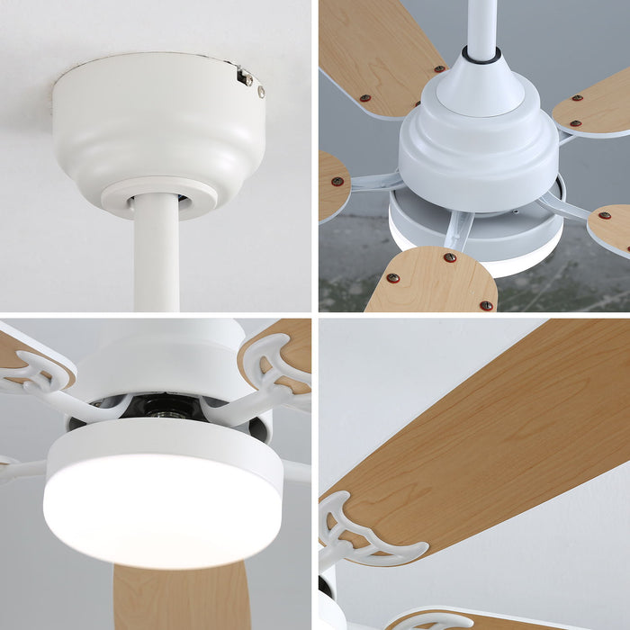 52" DC Motor Ceiling Fan With LED Light, 6 Speed Remote Control, Reversible Blades For Living Room - White