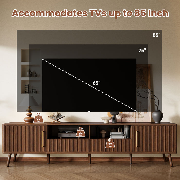 78" TV Stand For 85" TVs With Fluted Doors, Open Shelf, Cable Management - Walnut