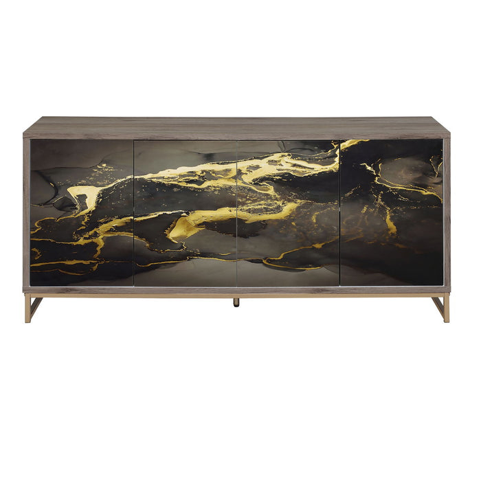 Acme Payo Console Cabinet, Black Marble Paint, Oak & Champagne
