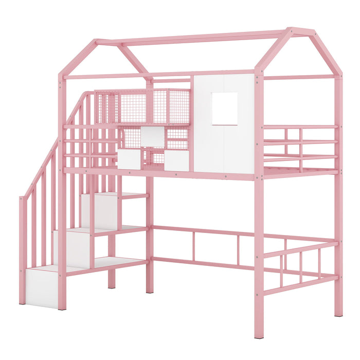 Metal Loft Bed With Roof Design And Storage Box With Guardrails And Integrated Ladder