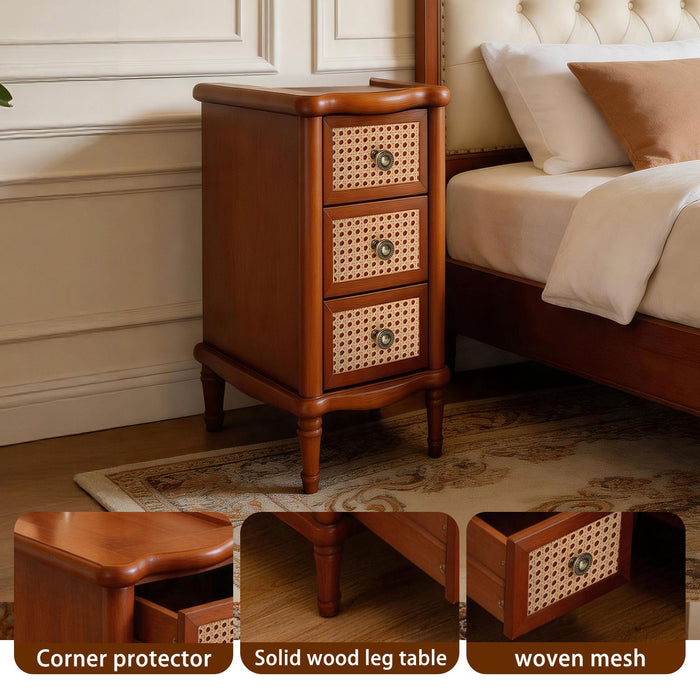 Narrow Side Table With 3 Drawers, Nightstand For Bedroom - Walnut