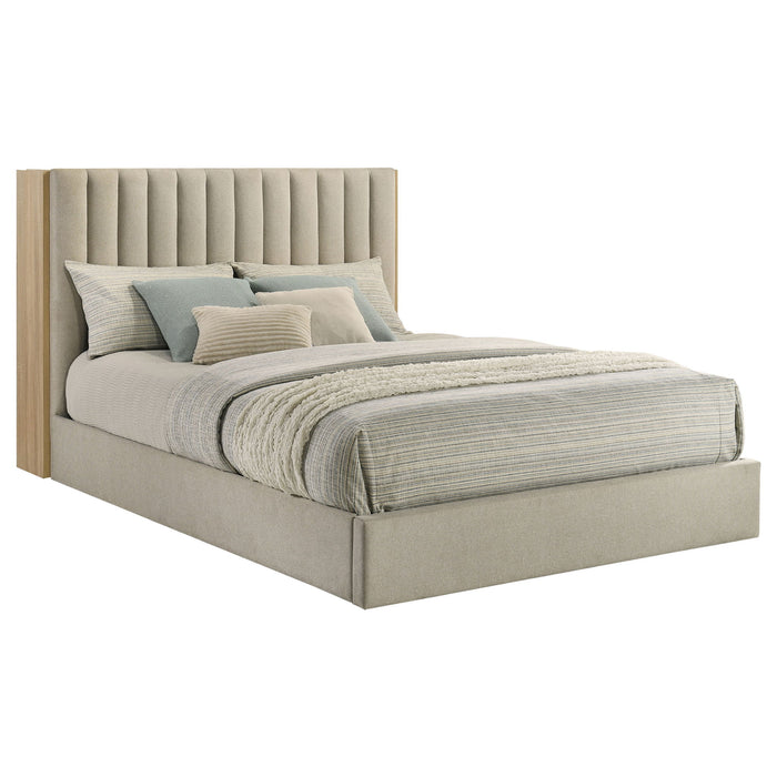 Merritt - Queen Bookcase Storage Bed With Tufted Headboard - Light Oak / Light Tan