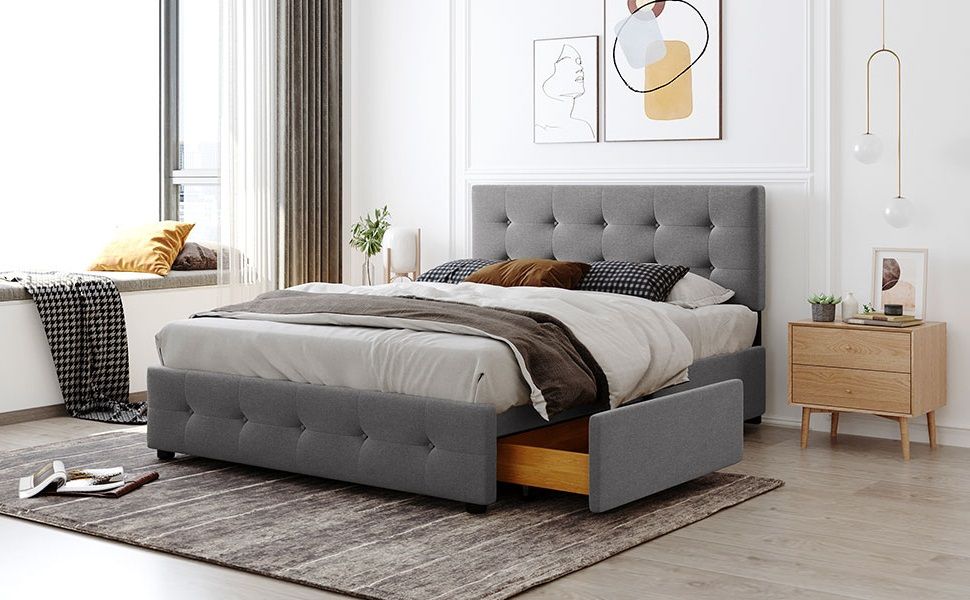 Upholstered Platform Bed With Classic Headboard And Drawers, No Box Spring Needed
