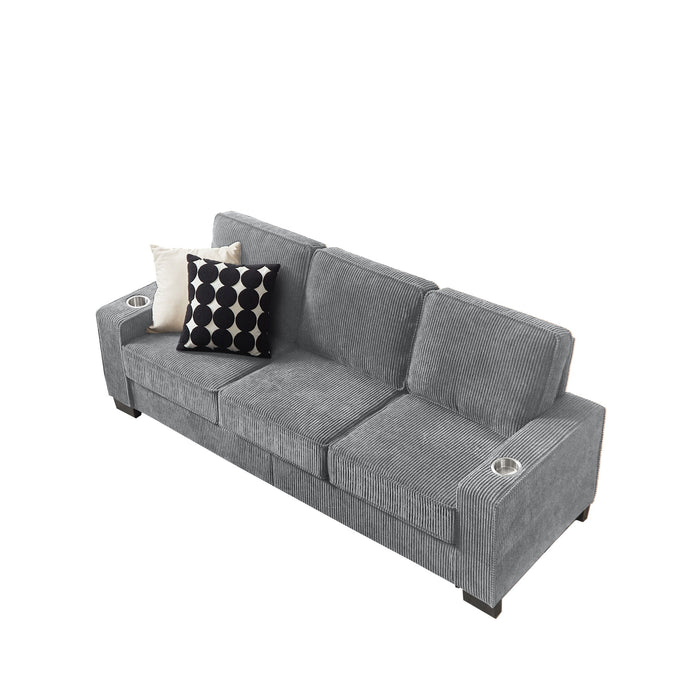 Modern Corduroy Fabric Sofa, 3 Seater Compressed Couch With Cup Holders