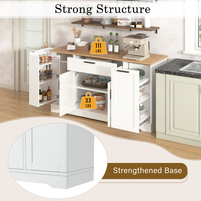 Sideboard With Extendable Table, Adjustable Shelves, 3 Tier Pull Out Rack - White