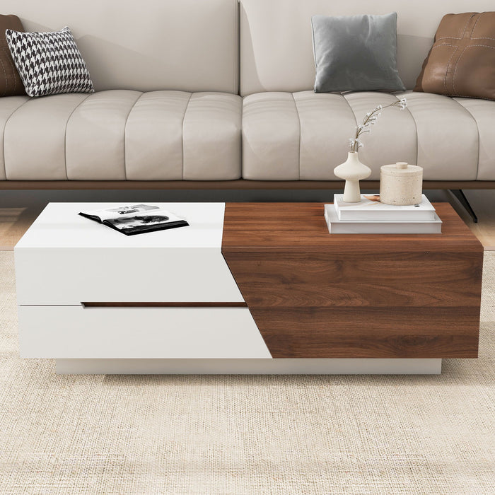 Extendable Sliding Top Coffee Table With Storage, Rectangle Shape - White / Walnut